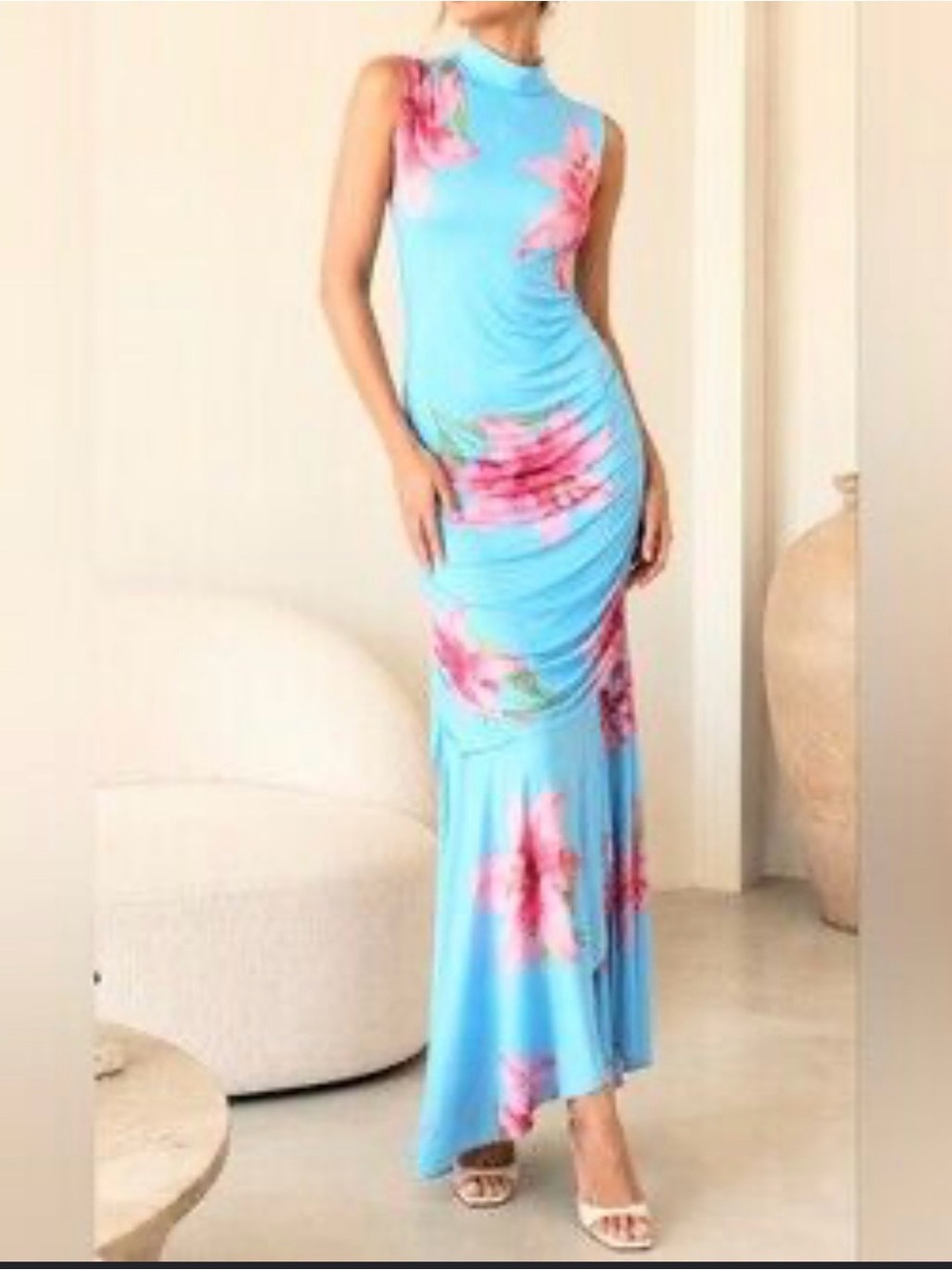 Sincerely Jules Light Blue Maxi Dress with Pink Floral Print - Picture 2 of 2